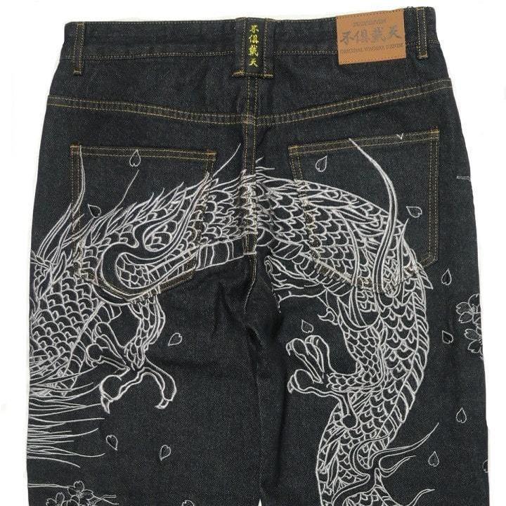 新品 メンズ 4L 和柄 刺繍 龍 ドラゴン ズボン パンツ デニム ジーンズ ジーンズ メンズ 刺繍 和柄 龍/竜/ドラゴン/上り鯉/昇り鯉 金襴