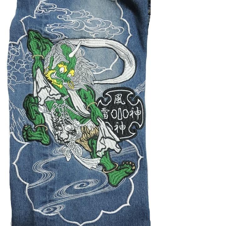 ジーンズ メンズ 刺繍 和柄 風神雷神 金襴ちりめん ストレート ジーンズ メンズ 刺繍 和柄 風神雷神 金襴ちりめん ストレート