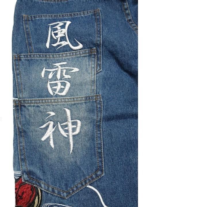 ジーンズ メンズ 刺繍 和柄 風神雷神 金襴ちりめん ストレート ジーンズ メンズ 刺繍 和柄 風神雷神 金襴ちりめん ストレート