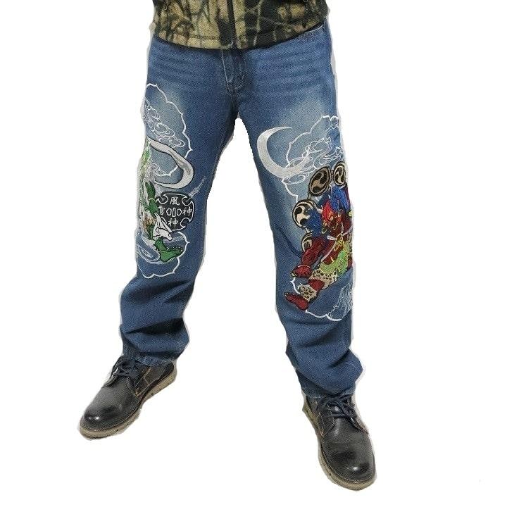 【美品✨】絡繰魂 風神 雷神 刺繍 デニム ジーパン ワイドシルエット 40 和柄 ジーンズ デニム 和柄ジーンズ 和柄ジーパン【J221-1】風神