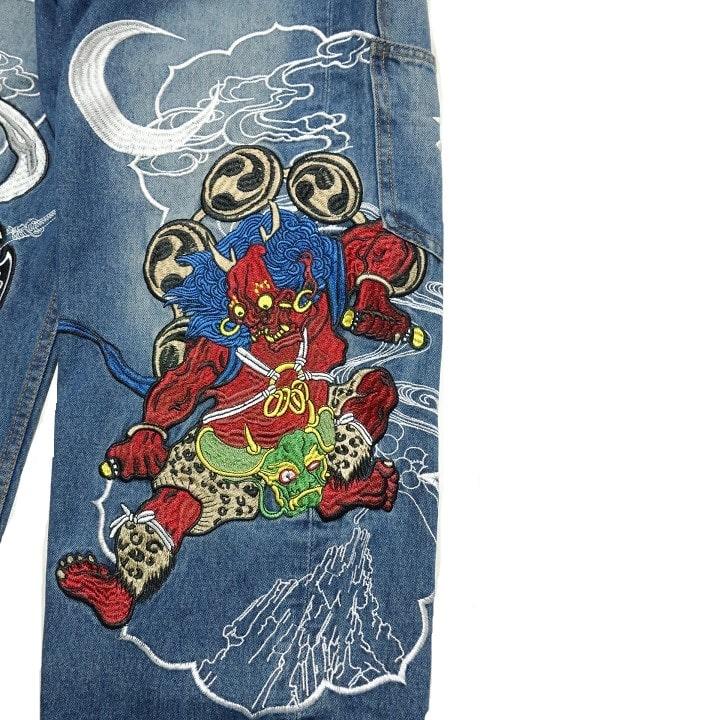 ジーンズ メンズ 刺繍 和柄 風神雷神 金襴ちりめん ストレート ジーンズ デニム ジーパン パンツ ボトムス｜shinkirohjacket｜15