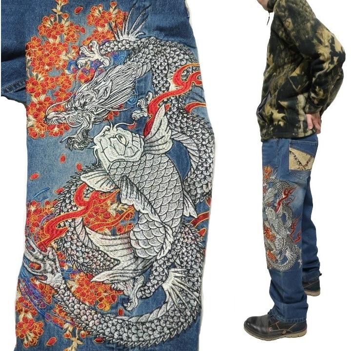ジーンズ メンズ 刺繍 和柄 龍/竜/ドラゴン/上り鯉/昇り鯉 金襴 ジーンズ メンズ 刺繍 和柄 龍/竜/ドラゴン/上り鯉/昇り鯉 金襴