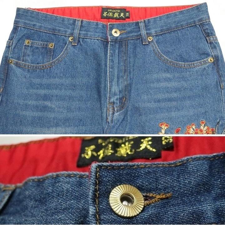 ジーンズ メンズ 刺繍 和柄 龍/竜/ドラゴン/上り鯉/昇り鯉 金襴 ジーンズ メンズ 刺繍 和柄 龍/竜/ドラゴン/上り鯉/昇り鯉 金襴