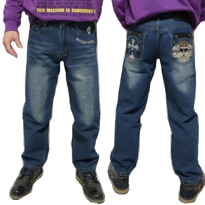 SKULL ジーンズ メンズ 刺繍 スカル/ドクロ 十字架/クロス フェイク