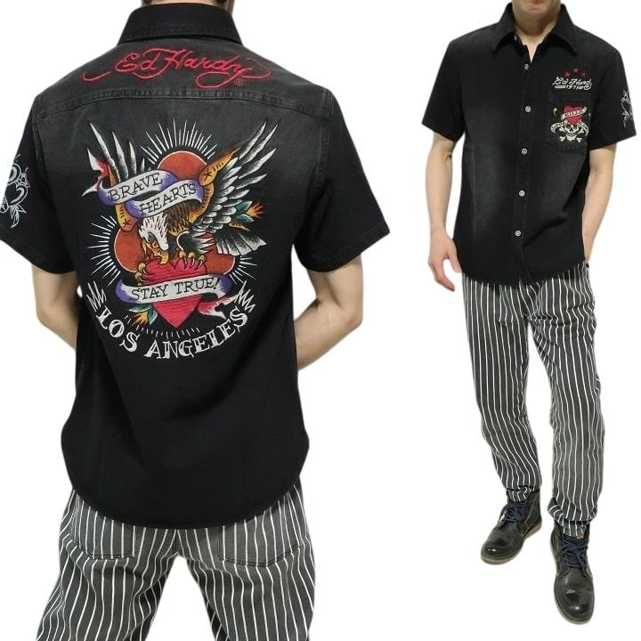 【Ed Hardy/エドハーディー】タグ付き♡リブロングTシャツ桜 スカル 薔薇 Ed Hardy（エド・ハーディー） デニムシャツ ラブキル/スカル/薔薇