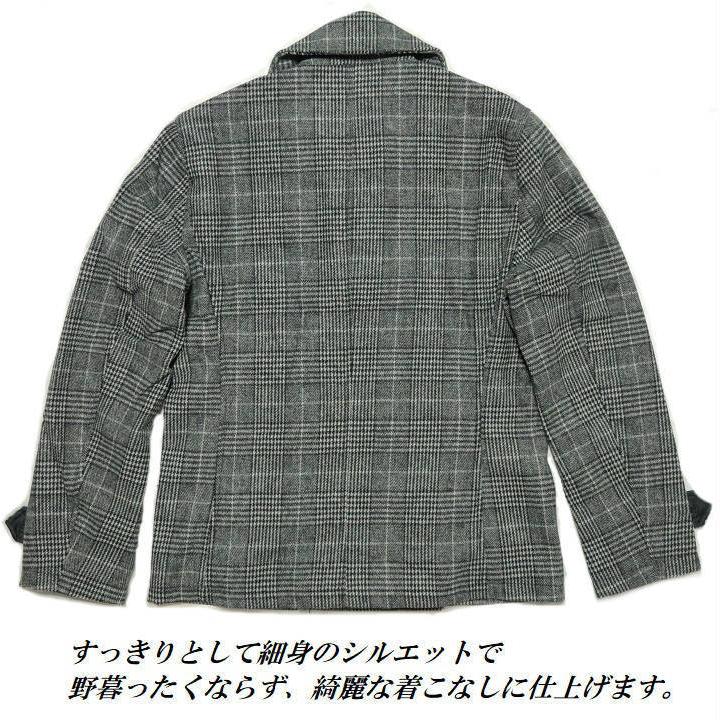 Pコート メンズ ショート丈 ボタン メルトン ウール/グレンチェック ピーコート アウター グレー M-XL｜shinkirohjacket｜10