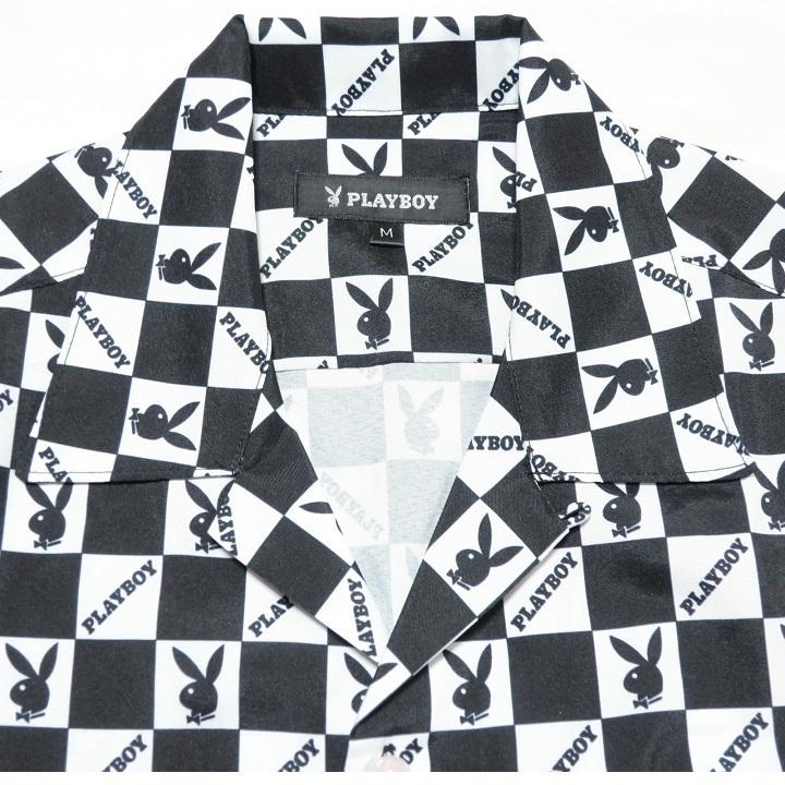 PLAY BOY プレイボーイ ボーリングシャツ メンズ チェッカー/オープンシャツ チェック ラビット/ウサギ 半袖 ブラック/ホワイト M-XL｜shinkirohjacket｜12