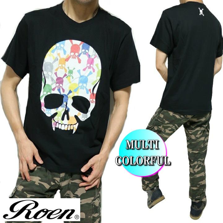 ROEN ロエン メンズ Tシャツ 服 芸能人 半袖 サークル/スカル/ドクロ マルチ/カラフル MULTI COLORFUL ブラック S-XL ROA-010｜shinkirohjacket