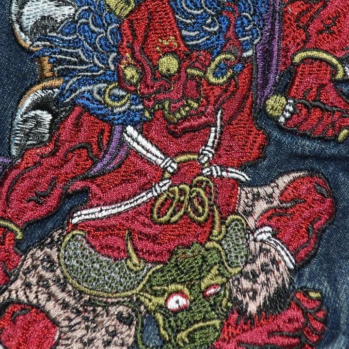 風神雷神刺繍デニム半ズボン 風神雷神刺繍デニム半ズボン
