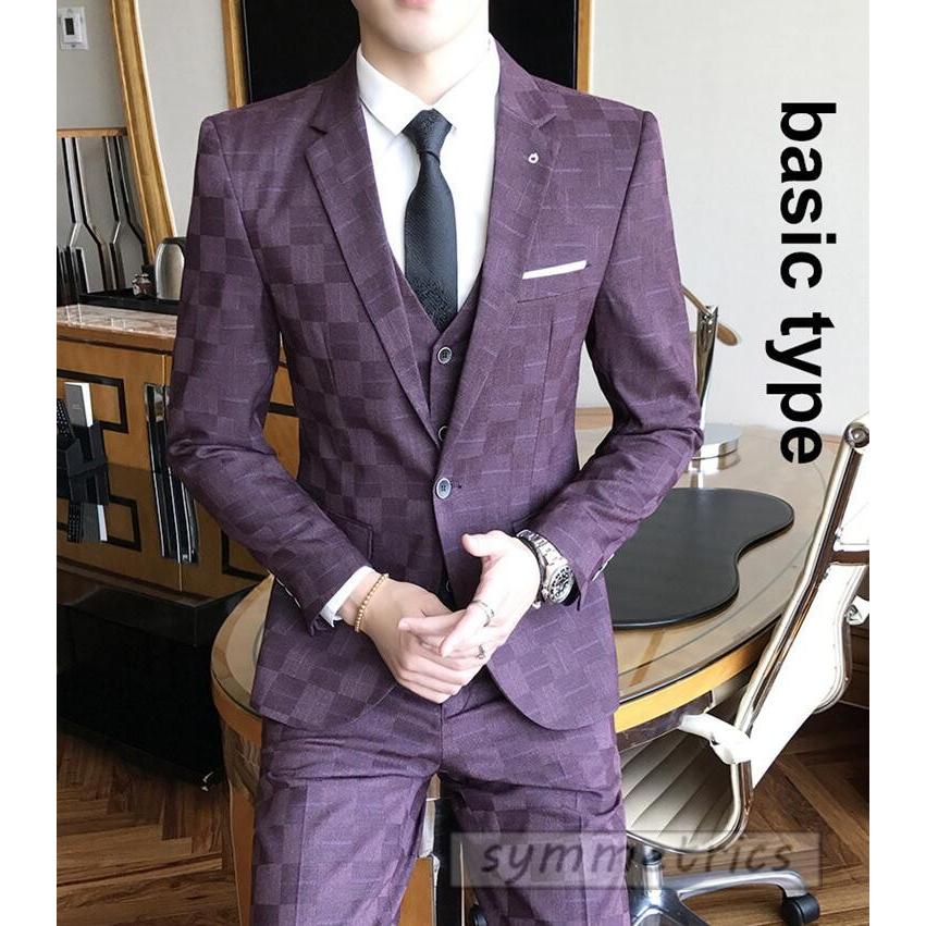 ビジネススーツ メンズ スリーピーススーツ ３点スーツセットアップ チェック柄 スーツセット セットアップ 細身 紳士服 結婚式 Zy410 Symmetrics 通販 Yahoo ショッピング