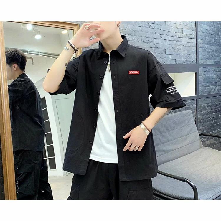 シャツ メンズ ワイシャツ カジュアルシャツ 五分袖 白シャツ 英字柄 スリム 半袖シャツ ロールアップ 春物 夏 夏物 お中元 激安通販