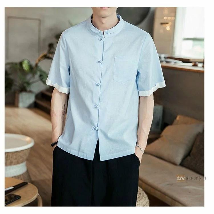 カジュアルシャツ 麻 リネンシャツ チャイナ服 メンズ 半袖シャツ トップス メンズシャツ 中華風 メンズファッション 訳あり