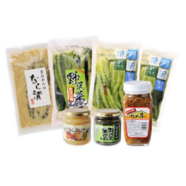 北信州 本造り ふるさとの味 詰め合せ 野沢菜漬 野沢菜漬わさび味 野沢菜油炒め 奈良漬 なめ茸 りんごバター 贈答用/ギフト/お歳暮/お中元 化粧箱詰め｜shinshumegumi