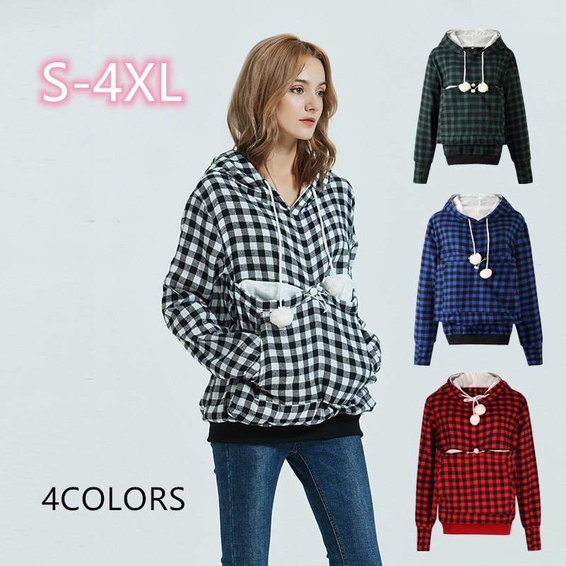 にゃんこ ポケット チェック柄 パーカー 猫愛好家 寄り添うポーチ 犬 