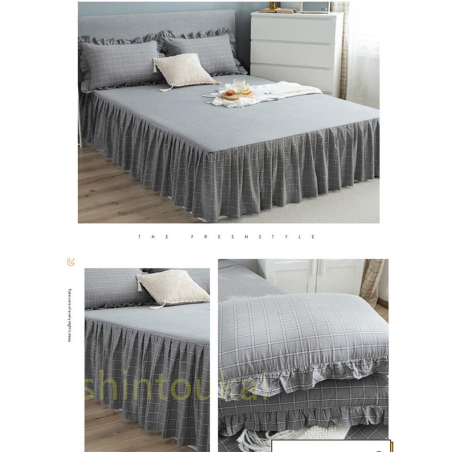 ベッドスカート オシャレ ベッドカバー シンプル 150*200CM フリル 可愛い 寝具カバー 柔らかい コットン チェック柄 四季通用 洗える 送料無料|shintoukai|03