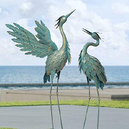 インポート正規品 Oritty Crane Statues 屋外用 メタル サギの庭の像 鳥の庭のアート 立った彫刻 庭の芝生の池 庭の装飾用 38-42インチ 2個セット シアン