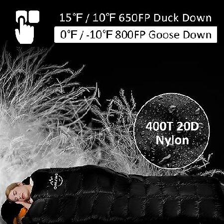 OMVMO 10 Degrees F 650 Fill Power Down Sleeping Bag for Adults，Lightweight 4 Season Envelope Rectangle Down Sleeping Bag for Backpacking Camping，Black Down Sleeping Bag for