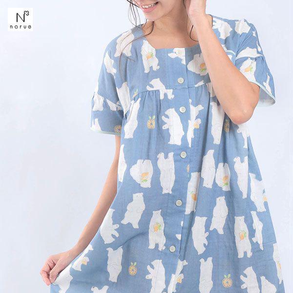 ナルエー Narue パジャマ 綿100 Wガーゼ ダブルガーゼ食いしん坊ベア ルームウェア ワンピース 半袖 前開き Shirohato 白鳩 通販 Paypayモール