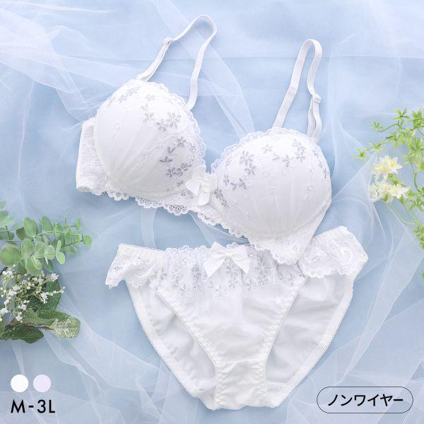 ピュアシェリ ラメ入り花柄チュールレース ノンワイヤー ブラセット M L LL セット ワイヤレス 大きいサイズ PURECHERIE