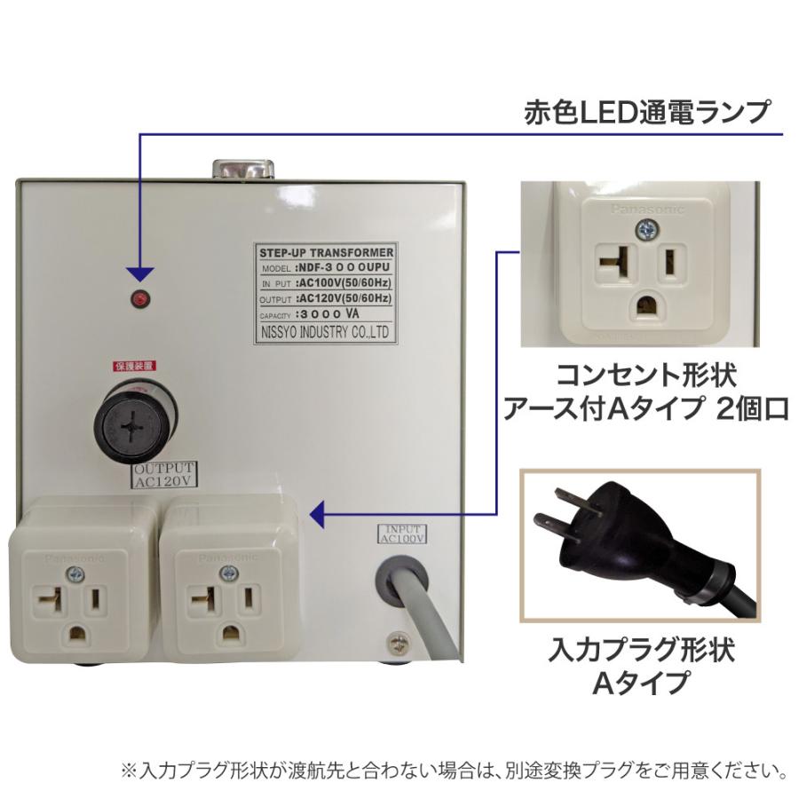 NDF-3000UPU 国内用 3000W 変圧器 | 入力 100V 出力 110V 120V 130V 昇圧 トランス アップトランス 帰国 海外家電 新生活 日章工業 NISSYO｜shiroshita｜04