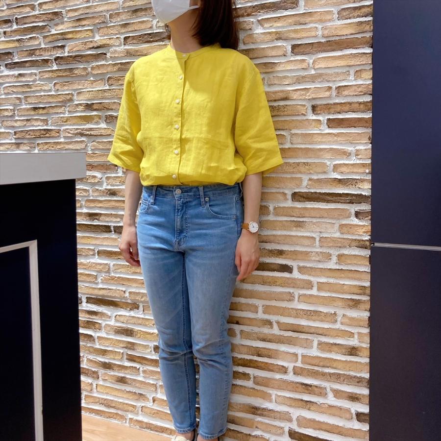 レディース カジュアル 五分袖 バンドカラーシャツ 麻100 マスタードイエロー無地調 シャツ工房グループ Online Shop 通販 Paypayモール