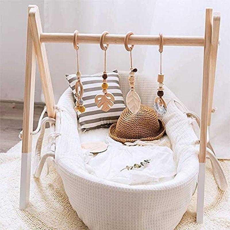 Okawari Home ベビージム 木製 ナチュラル おもちゃ付き ベッドぶら下げ 知育玩具 セットアイテム 木のおもちゃ ラトル 赤ちゃ 即納 最大半額