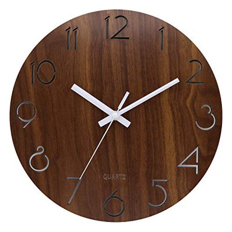 BECANOE 壁掛け時計 木製 サイレント 連続秒針 透かし彫り アナログ クロック 掛け時計 インテリア ブラウン ウオールクロック