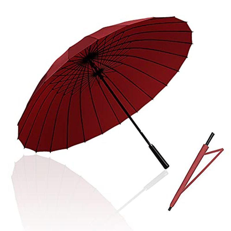 Dlin 傘 24本骨 210t高強度グラス おしゃれ メンズ 梅雨対策 紳士傘 耐強風 豪雨対策 赤 超強耐風 超撥水 長傘 革製手元 人気スポー新作 メンズ