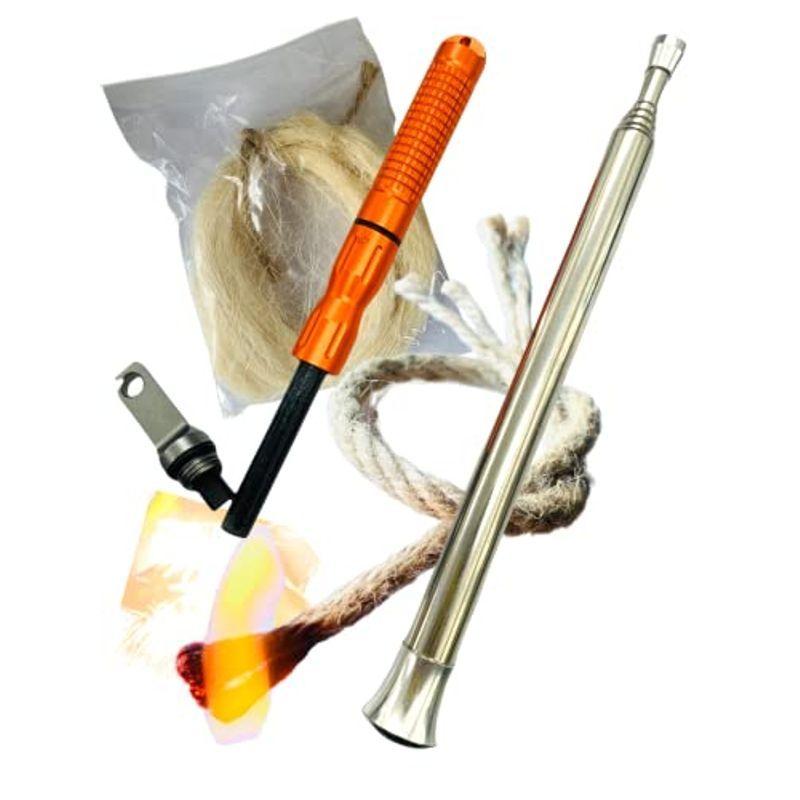Hazax 火吹き棒 火打ち石 ファイヤースターター 着火剤 麻火口 龍の紐 火起こしセット オレンジ 無料