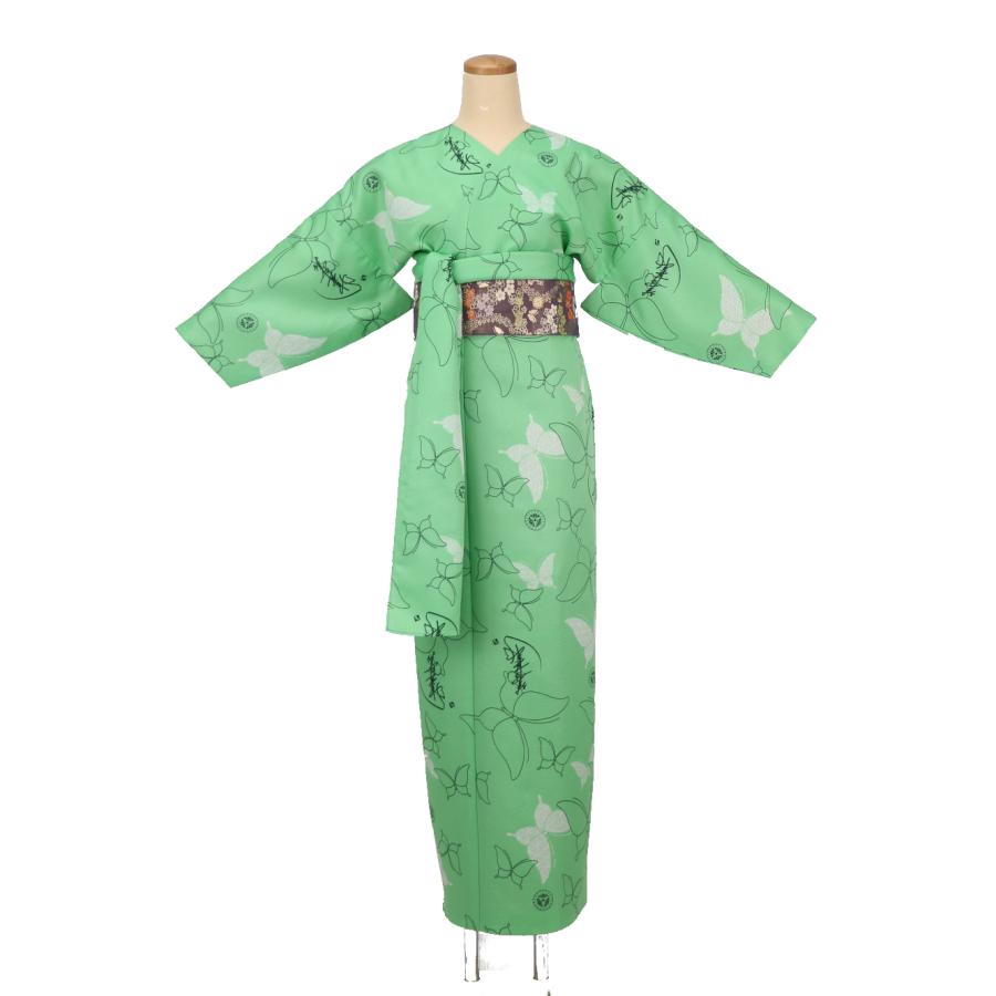 長襦袢＋単衣　着物　小紋　フルセット　正絹　緑　トールサイズ　花　リボン　D2 長襦袢＋単衣 着物 小紋 フルセット 正絹 緑 トールサイズ 花