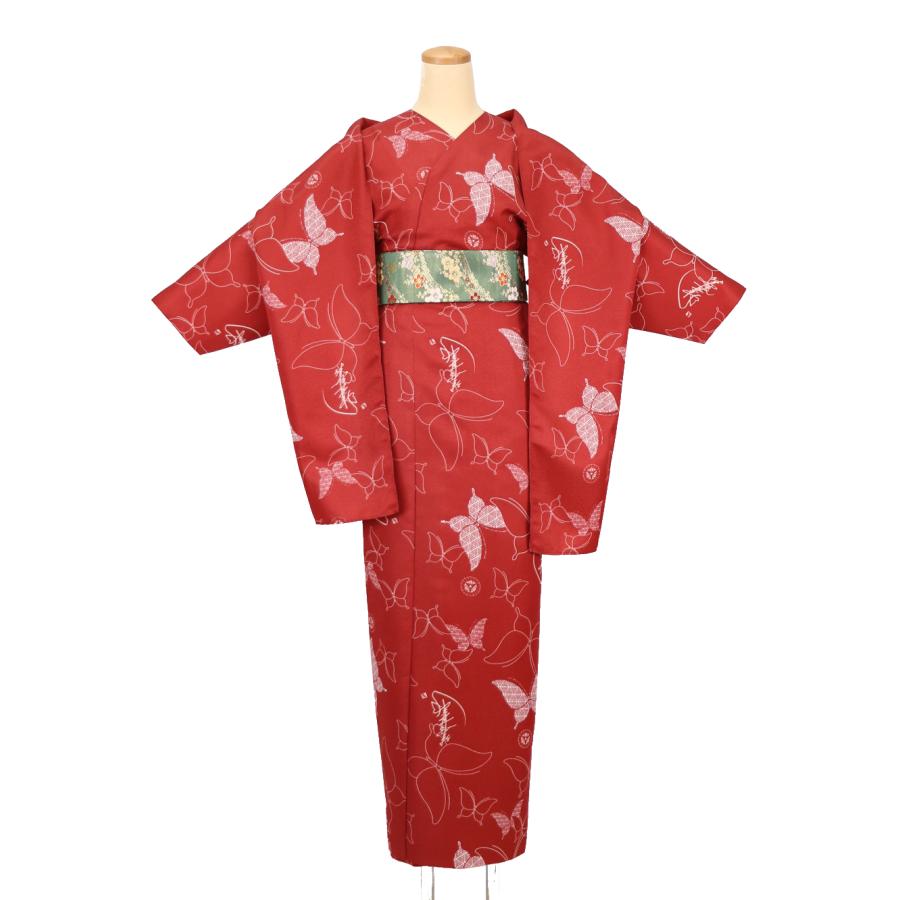 簡単に着れる 洗える 袷 3点セット(小袖着物＋リボン帯＋ショール