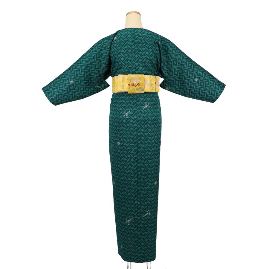 簡単に着れる 洗える 袷 3点セット(小袖着物＋リボン帯＋ショール) レディース お仕立て上がり 忘傘 緑色