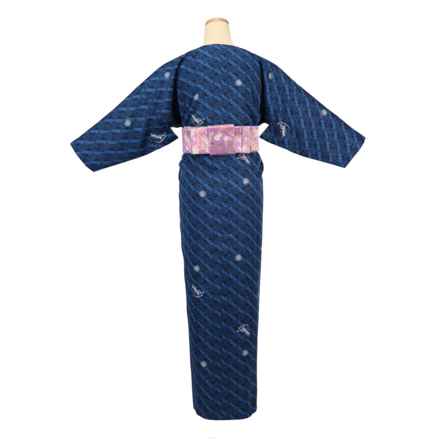 簡単に着れる 洗える 袷 3点セット(小袖着物＋リボン帯＋ショール) レディース お仕立て上がり 撫子 紺色
