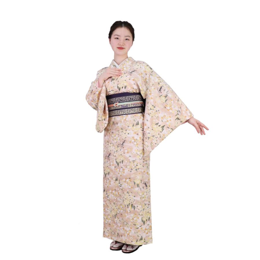 簡単に着れる 洗える 袷 4点セット(着物＋リボン帯＋帯締め＋簡単な半