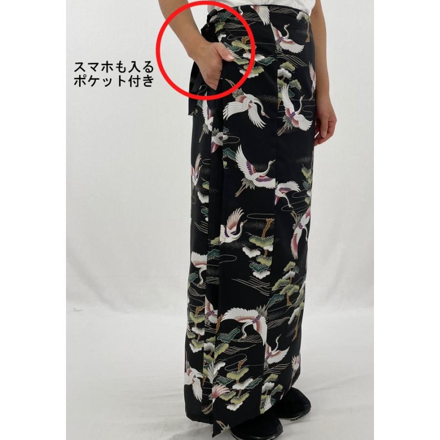 和柄 巻きスカート ロングタイプ 鶴 和風 ラップスカート 松鶴 黒