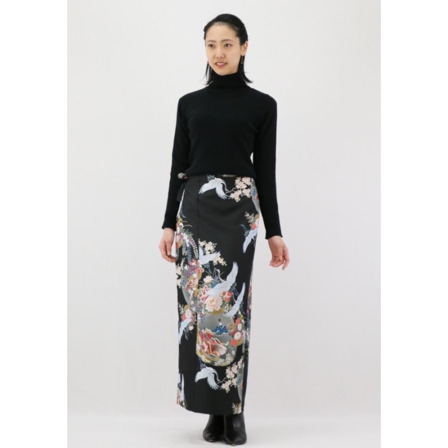 和柄 巻きスカート ロングタイプ 鶴 和風 ラップスカート 姫鶴 黒
