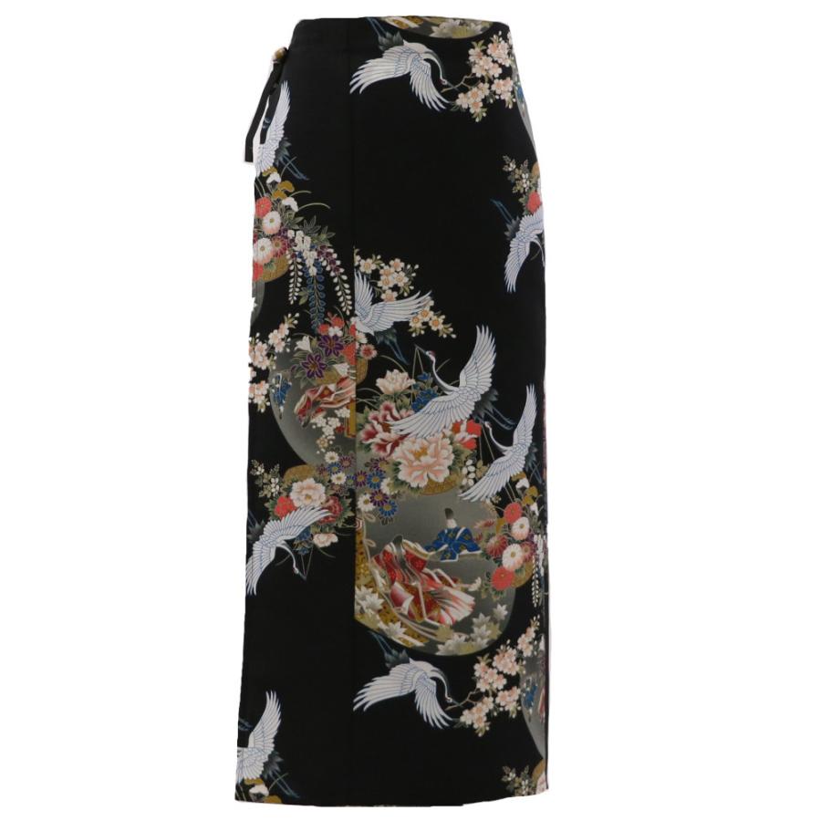 和柄 巻きスカート ロングタイプ 鶴 和風 ラップスカート 姫鶴 黒