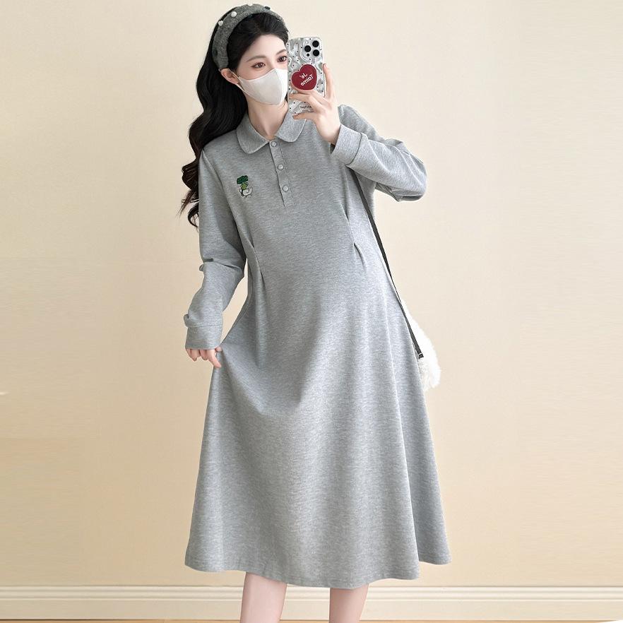 マタニティ服 ワンピース 無地 フレアワンピース 妊婦服 長袖パーカーワンピース マタニティワンピース 長袖 ロンT 重ね着風 カジュアル 安い | ブランド登録なし | 01