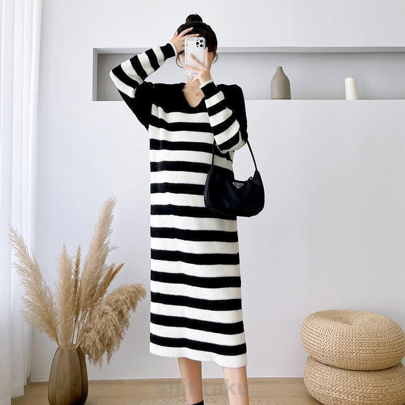 マタニティ 服 ワンピース リブワンピ ボーダー柄 ニットソー フレアワンピース 妊婦服 長袖 マタニティワンピース | ブランド登録なし | 02