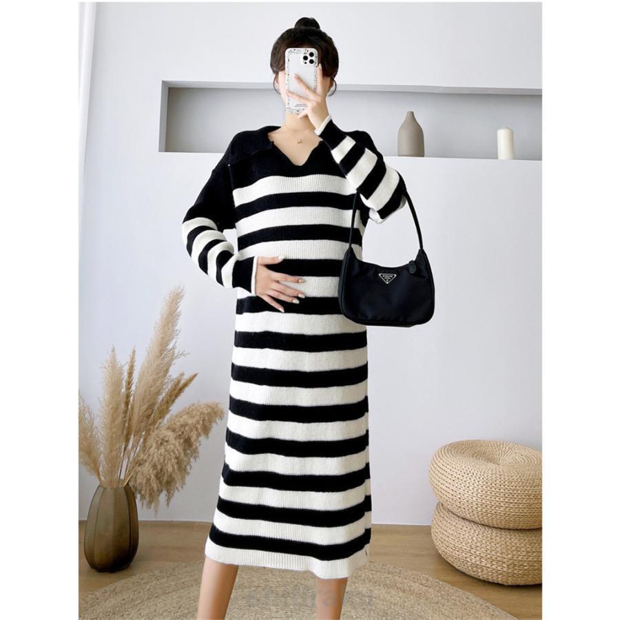 マタニティ 服 ワンピース リブワンピ ボーダー柄 ニットソー フレアワンピース 妊婦服 長袖 マタニティワンピース | ブランド登録なし | 06