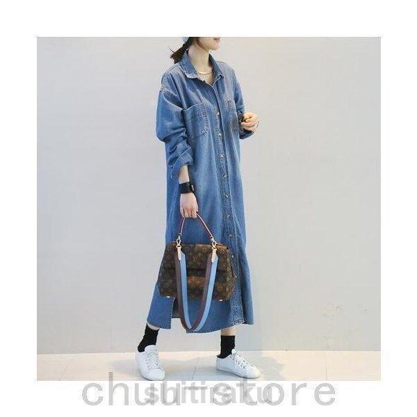 デニムワンピースシャツワンピースジーンズロング丈ワンピースレディースデニムシャツ秋ジーンズレディース前開きお出かけロングデニム | ブランド登録なし | 01