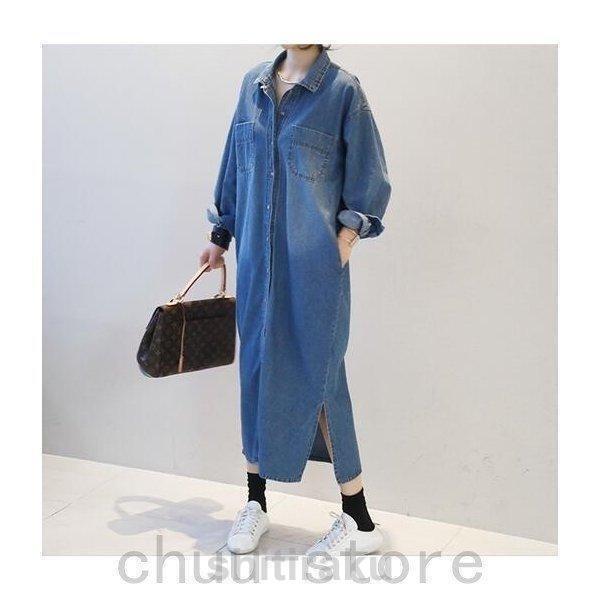 デニムワンピースシャツワンピースジーンズロング丈ワンピースレディースデニムシャツ秋ジーンズレディース前開きお出かけロングデニム | ブランド登録なし | 02
