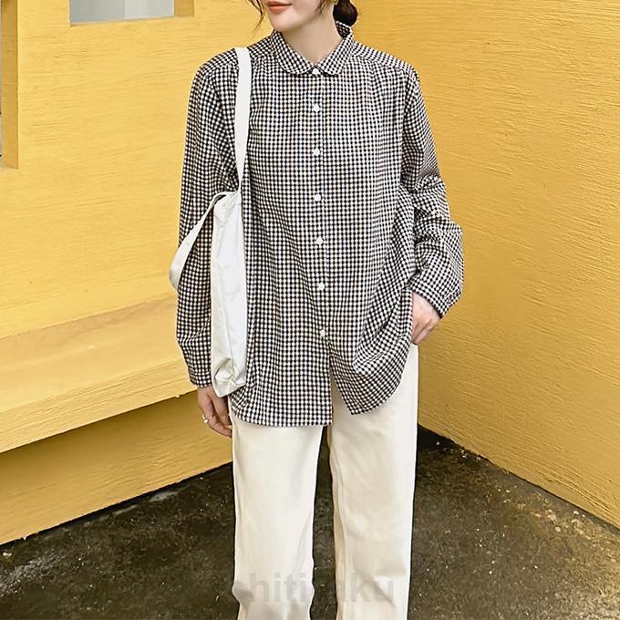 美品＊45R スビン三子ピンタック馬比古シャツ サイズ0 ギンガムチェック 長袖 美品＊45R スビン三子ピンタック馬比古シャツ サイズ0 ギンガム