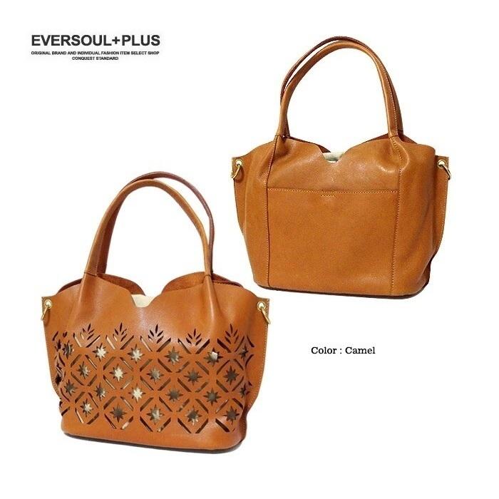 ハンドバッグ EVERSOUL PLUS アルゼンチンレザー 本革 牛革 鞄 レザー ショルダー ブランド ボタニカル柄 パンチング フォークロア 巾着 レディース 送料無料