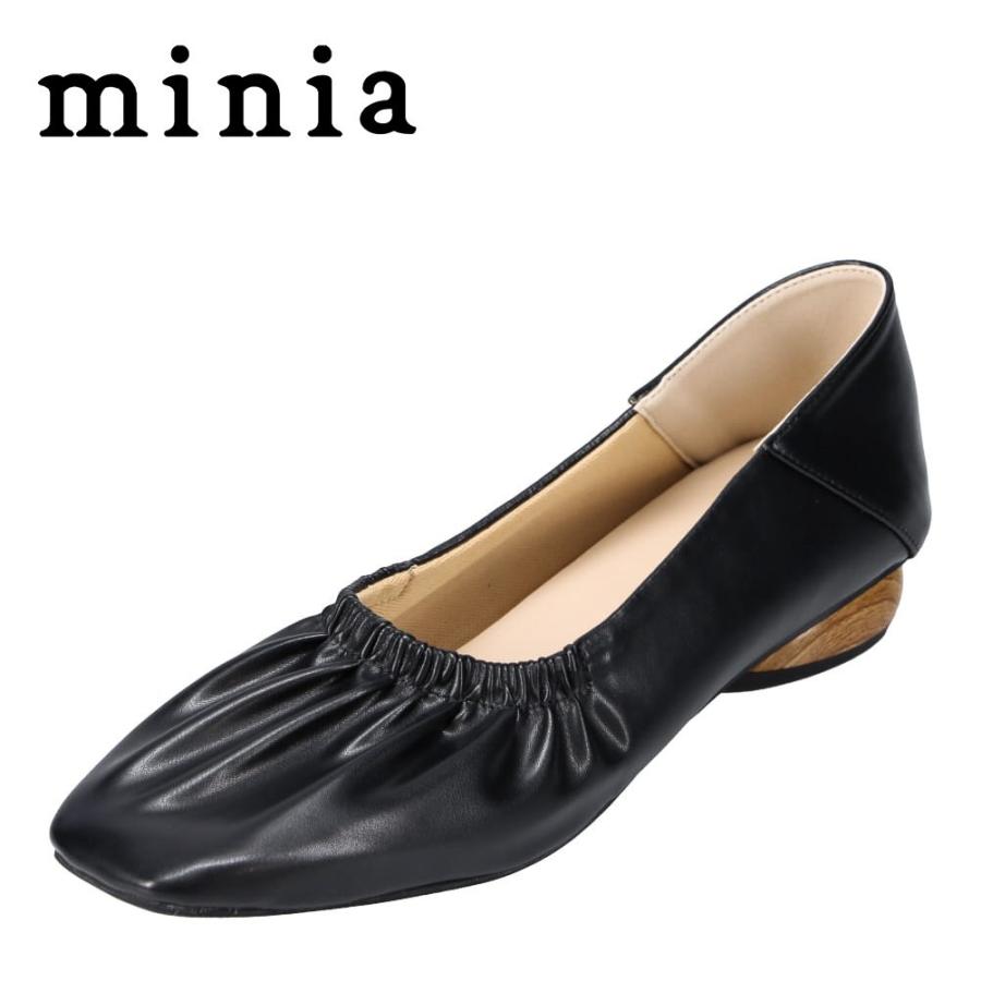 ミニア minia AS-1044 レディース パンプス ギャザー スクエアトゥ ローヒール 歩きやすい ブラック｜shoe-chiyoda