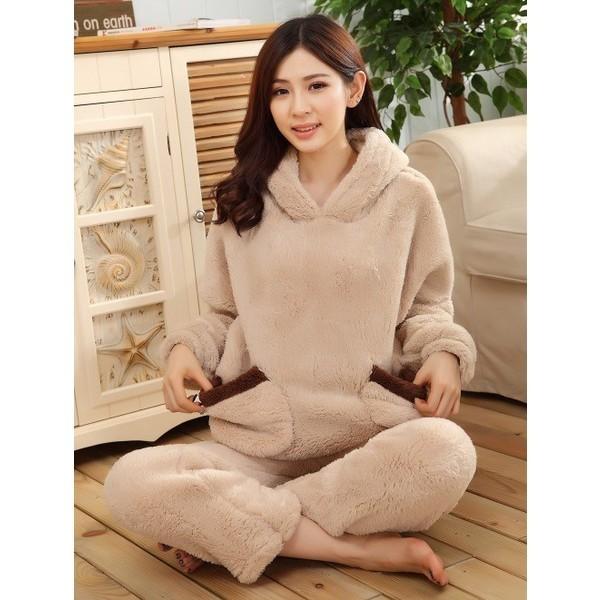 新品✨シュガーピケ 長袖ルームウェア 上下セットアップ くま もこもこ防寒 大人 ペア ルームウェア パジャマ パーカー ルック カップル フード