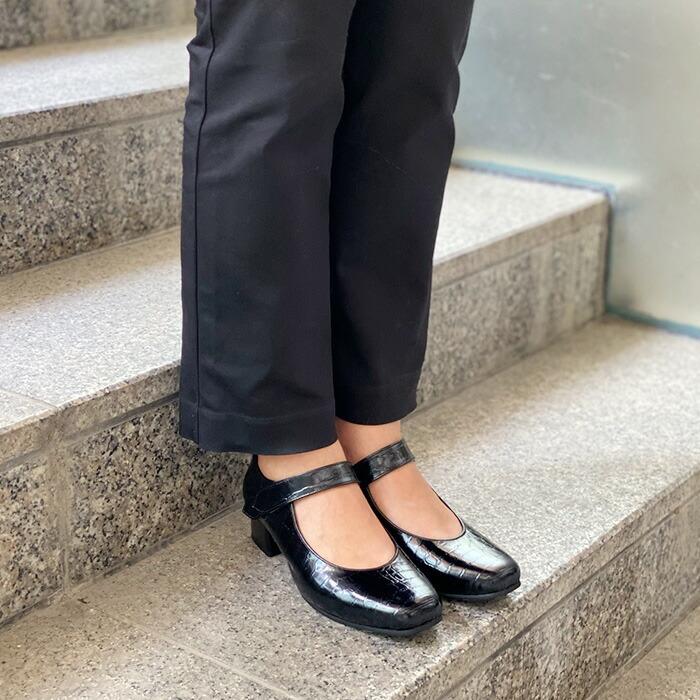 幅広 甲高 5E 本革 ストラップ パンプス ヒール 痛くない 靴