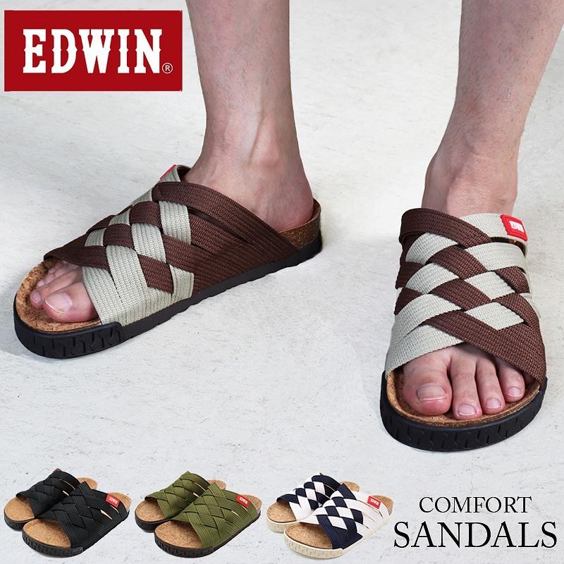 Edwin エドウィン サンダル メンズ フットベット カジュアル 天然コルク 編込み コンフォート 黒 白 茶 カーキ