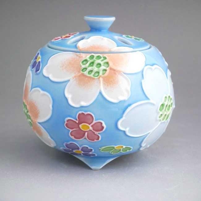 絶品！清水焼香炉☆手描きオーダー発注品◇黒地×月下美人 香炉・香