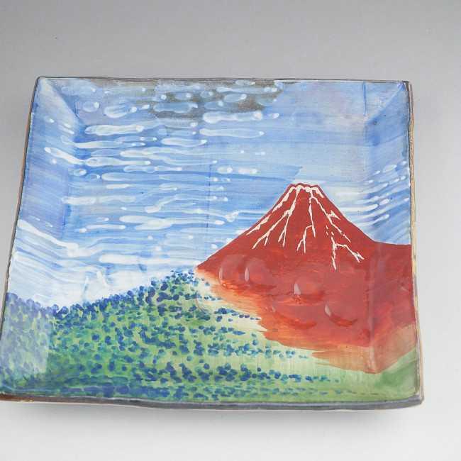 京焼 清水焼 富士・凱風快晴角皿 俊山 皿立付 キッチン、日用品、文具-皿-食器